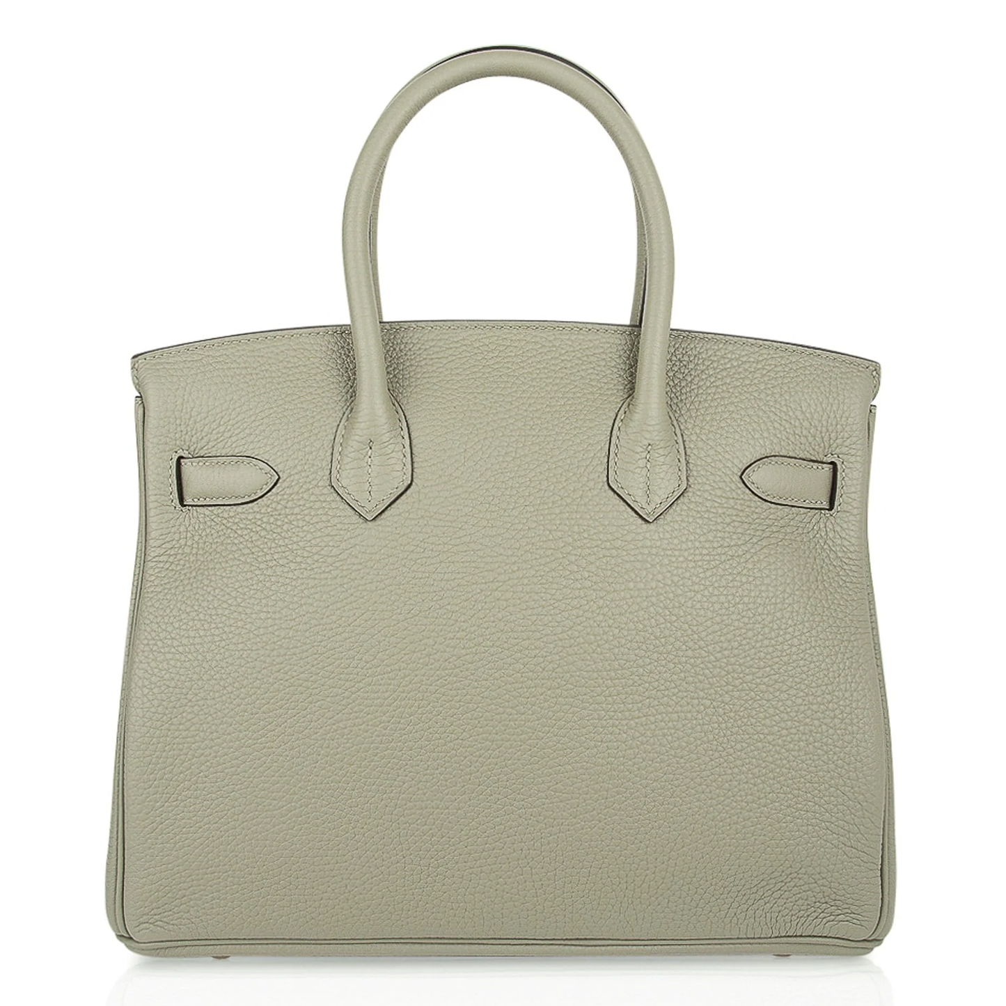 Soft Muted Sage Green Gentle Pebbled Grain Medium Structured Hand Tote With Luminous Golden Twist Lock Hardware And Coordinating Sage Suspended Metal Padlock Charm