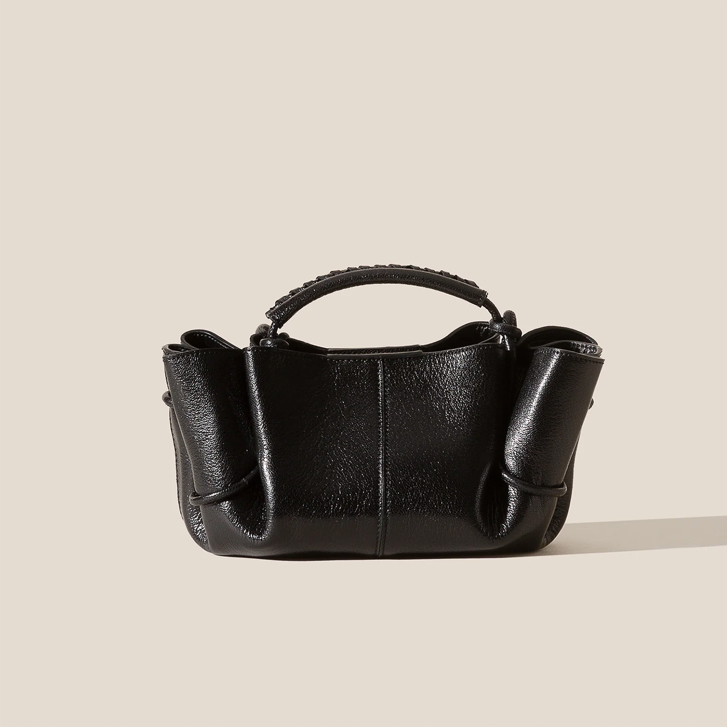 Glossy Jet Black Ruched Side Compact Mini Hand Pouch With Braided Top Grip And Knotted Hanging Carry Cords
