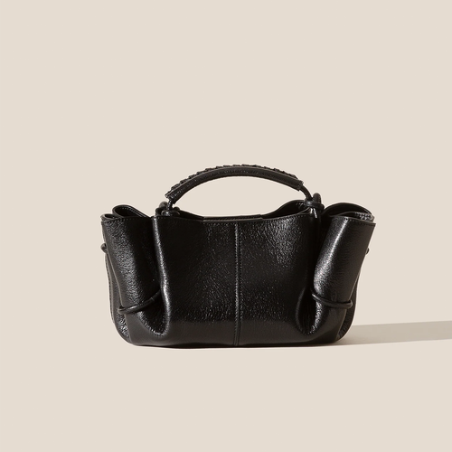 Glossy Jet Black Ruched Side Compact Mini Hand Pouch With Braided Top Grip And Knotted Hanging Carry Cords