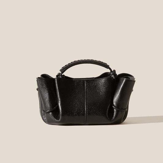 Glossy Jet Black Ruched Side Compact Mini Hand Pouch With Braided Top Grip And Knotted Hanging Carry Cords