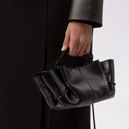 Glossy Jet Black Ruched Side Compact Mini Hand Pouch With Braided Top Grip And Knotted Hanging Carry Cords