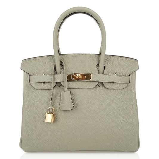 Soft Muted Sage Green Gentle Pebbled Grain Medium Structured Hand Tote With Luminous Golden Twist Lock Hardware And Coordinating Sage Suspended Metal Padlock Charm