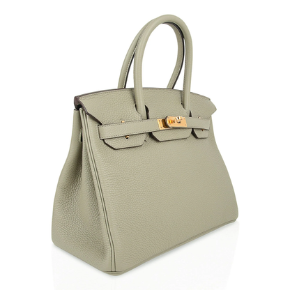 Soft Muted Sage Green Gentle Pebbled Grain Medium Structured Hand Tote With Luminous Golden Twist Lock Hardware And Coordinating Sage Suspended Metal Padlock Charm