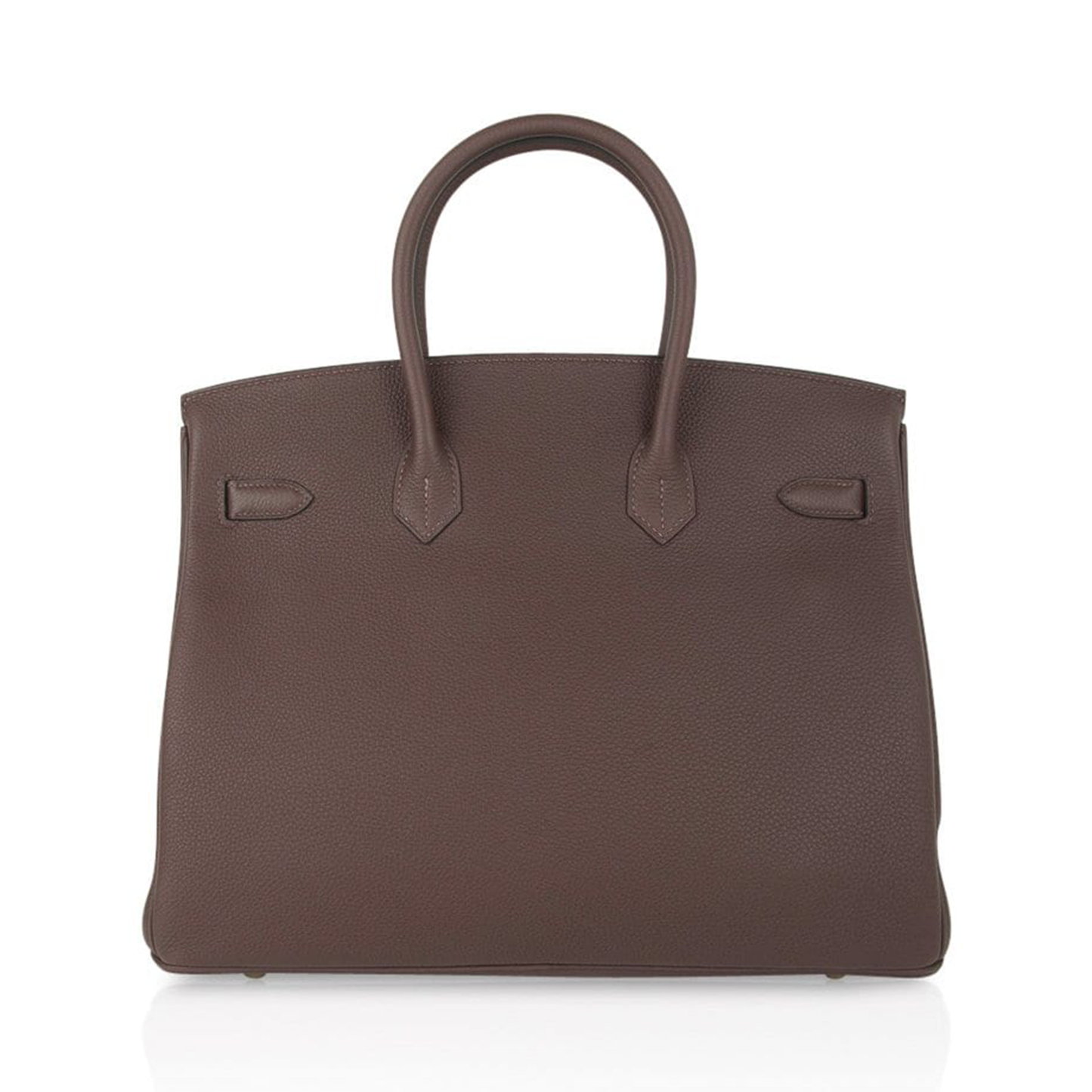 Rich Deep Chocolate Brown Soft Uniform Pebbled Grain Spacious Structured Hand Tote With Polished Golden Twist Lock Hardware And Coordinating Brown Suspended Metal Padlock Charm