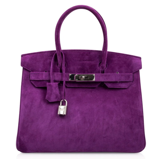 Deep Vivid Violet Soft Matte Fuzzy Grain Medium Rigid Hand Tote With Sleek Silvery Twist Lock Hardware And Coordinating Violet Suspended Metal Padlock Charm