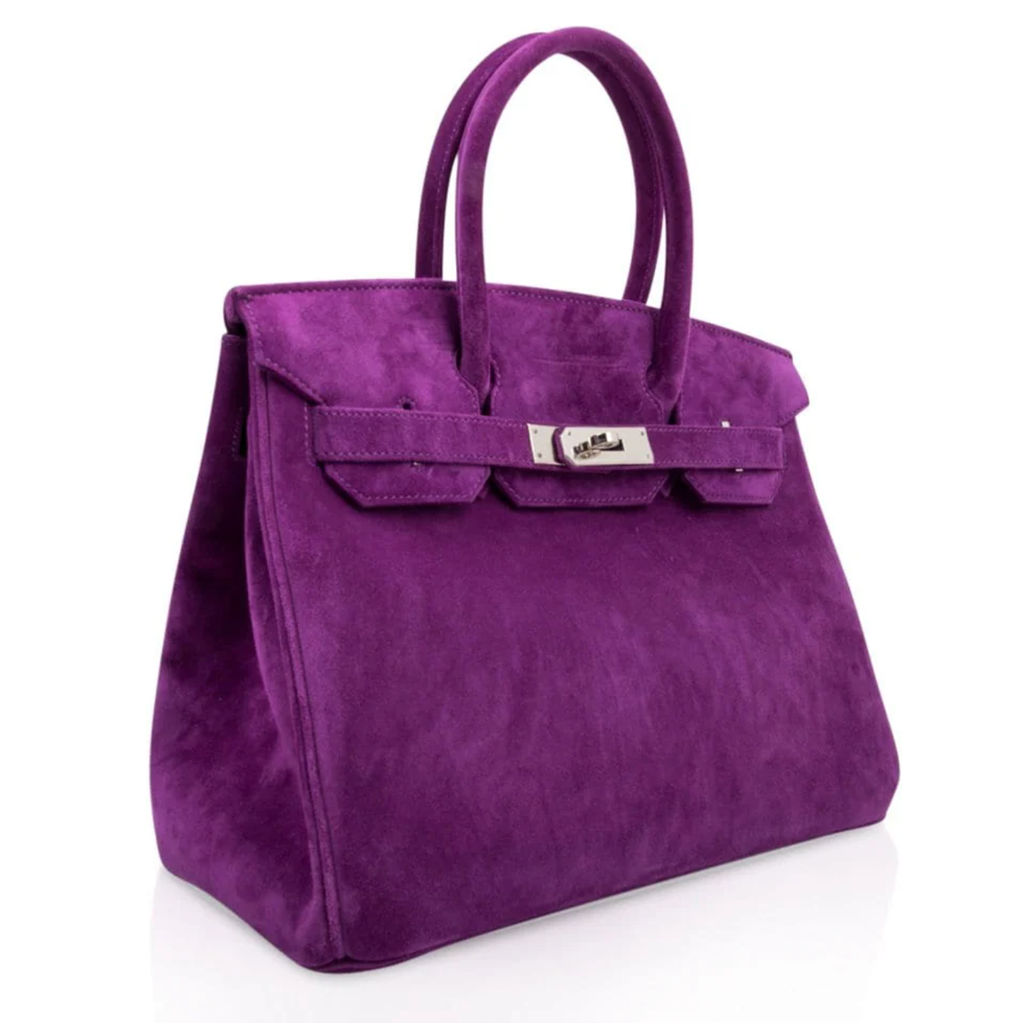 Deep Vivid Violet Soft Matte Fuzzy Grain Medium Rigid Hand Tote With Sleek Silvery Twist Lock Hardware And Coordinating Violet Suspended Metal Padlock Charm