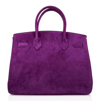 Deep Vivid Violet Soft Matte Fuzzy Grain Medium Rigid Hand Tote With Sleek Silvery Twist Lock Hardware And Coordinating Violet Suspended Metal Padlock Charm