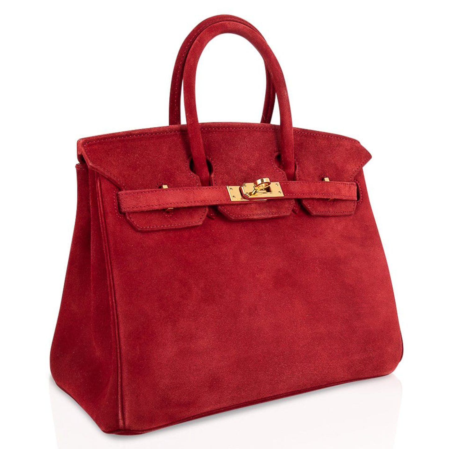 Bold Fiery Scarlet Soft Velvety Matte Grain Compact Box Hand Tote With Polished Golden Twist Lock Hardware And Coordinating Scarlet Suspended Metal Padlock Charm