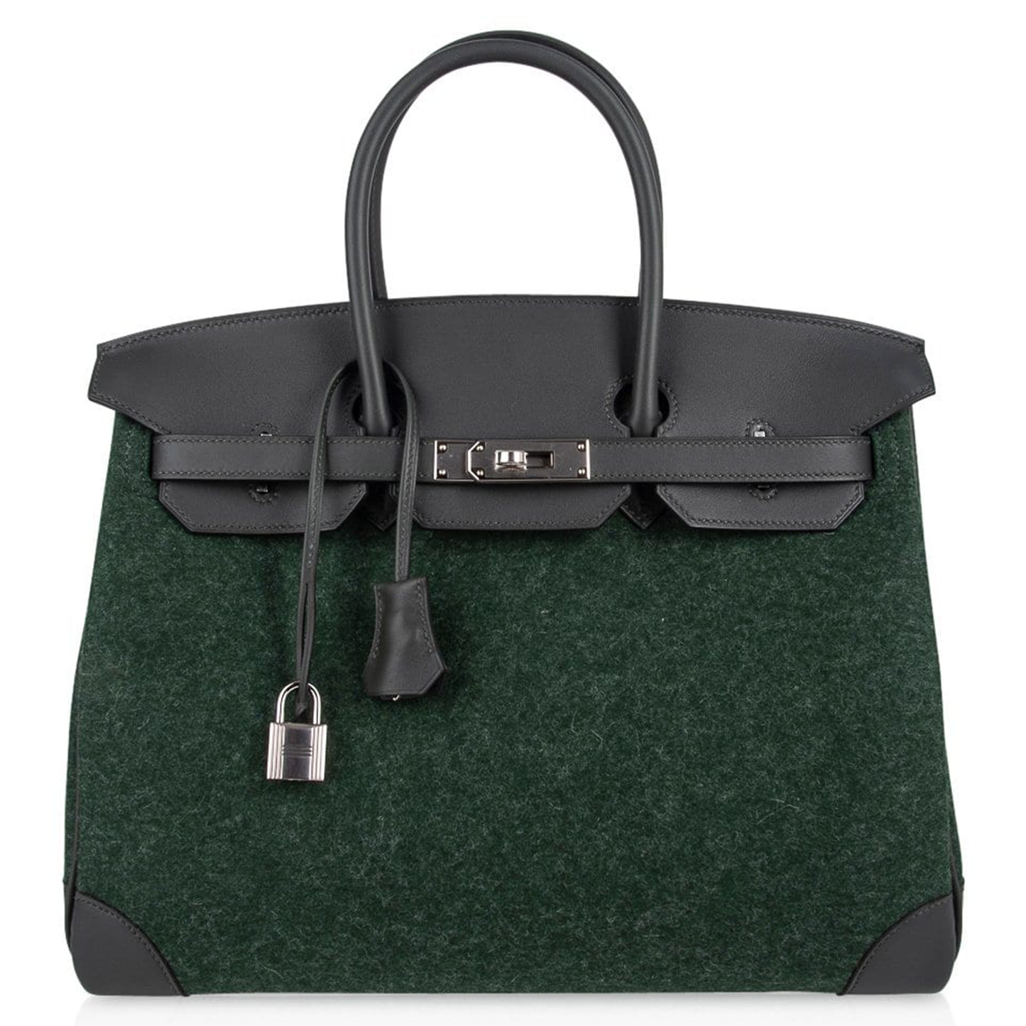 Deep Forest Green Fuzzy Woven Spacious Two-Tone Structured Hand Tote With Charcoal Dark Trim, Brushed Silvery Twist Lock Hardware And Matching Dark Suspended Metal Padlock Charm