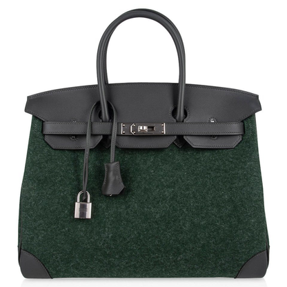 Deep Forest Green Fuzzy Woven Spacious Two-Tone Structured Hand Tote With Charcoal Dark Trim, Brushed Silvery Twist Lock Hardware And Matching Dark Suspended Metal Padlock Charm