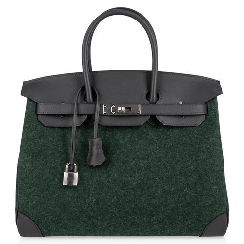 Deep Forest Green Fuzzy Woven Spacious Two-Tone Structured Hand Tote With Charcoal Dark Trim, Brushed Silvery Twist Lock Hardware And Matching Dark Suspended Metal Padlock Charm