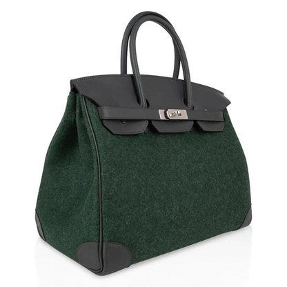 Deep Forest Green Fuzzy Woven Spacious Two-Tone Structured Hand Tote With Charcoal Dark Trim, Brushed Silvery Twist Lock Hardware And Matching Dark Suspended Metal Padlock Charm